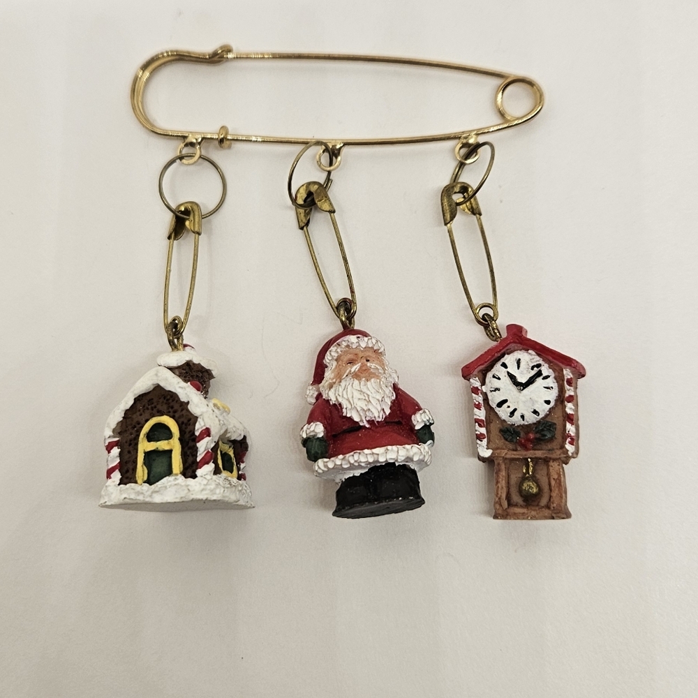 Christmas Safety Pin Brooch Charms Santa Clock Gingerbread House